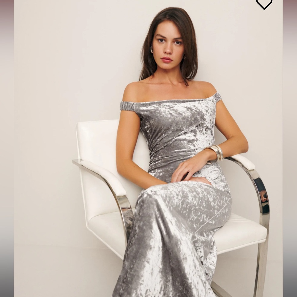 Reformation ritz off the shoulder max dress in silver crushed velvet